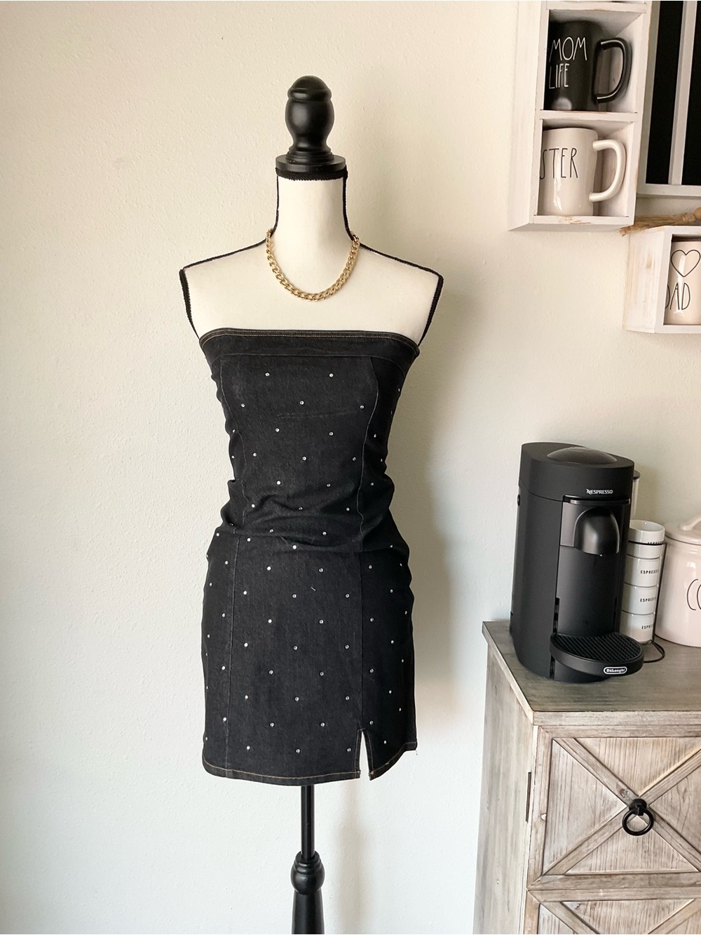 Black Strapless Studded Mini Dress